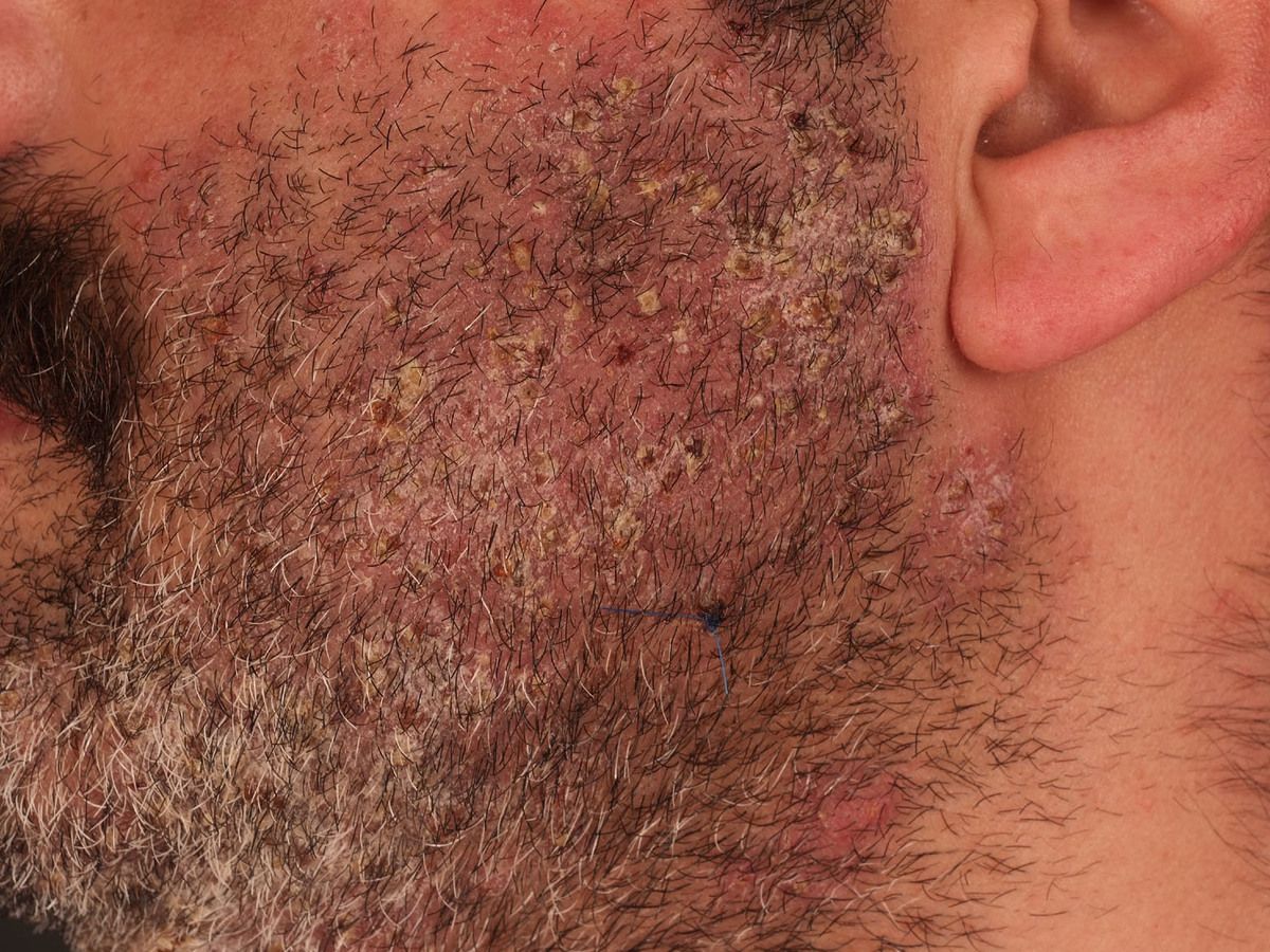 Dermatomycosis barbae, AKA fungal neckbearditis. [Warning: gross